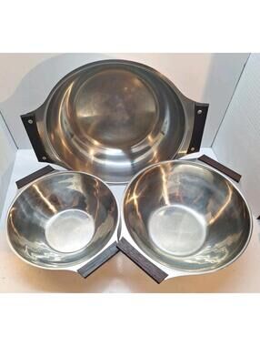 Vintage Lot -  3 MCM Stainless Steel Nesting Serving Bowls Teak Handles
